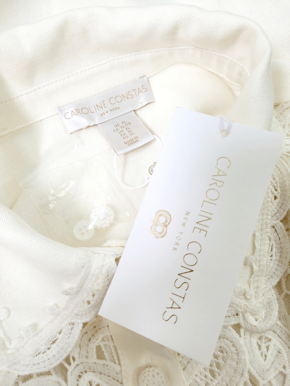 NWT CAROLINE CONSTAS Battenburg Lace Linen Blend Button Down Shirt XL Ivory - Picture 6 of 11
